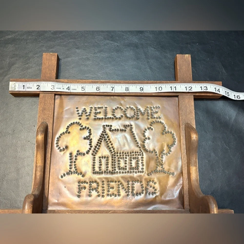 Handmade Welcome Friends Wood and Tin Kitchen Towel Holder - Brown